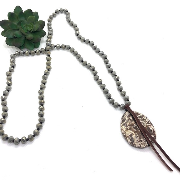 NWOT Artisan Rosary Beaded Pendant Necklace with Large Jasper Stone and Leather - Picture 2 of 4